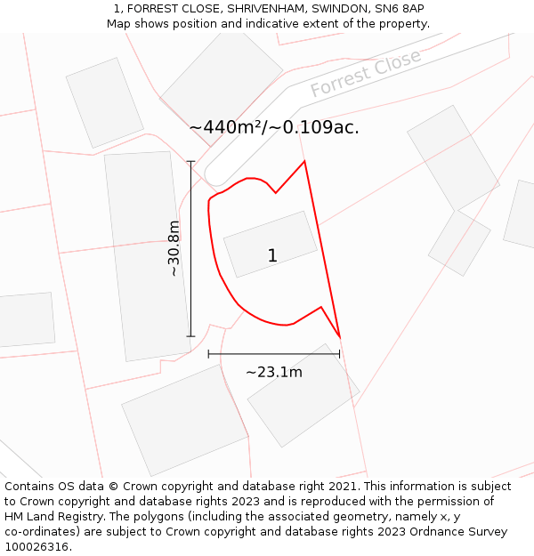 1, FORREST CLOSE, SHRIVENHAM, SWINDON, SN6 8AP: Plot and title map