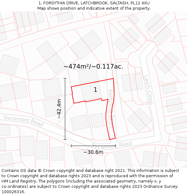 1, FORSYTHIA DRIVE, LATCHBROOK, SALTASH, PL12 4XU: Plot and title map