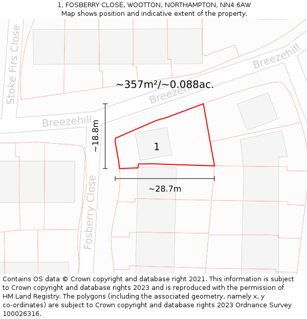 1, FOSBERRY CLOSE, WOOTTON, NORTHAMPTON, NN4 6AW: Plot and title map