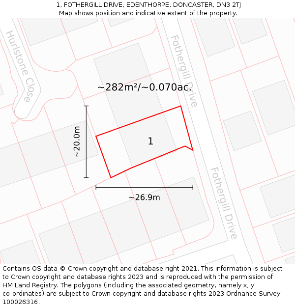 1, FOTHERGILL DRIVE, EDENTHORPE, DONCASTER, DN3 2TJ: Plot and title map