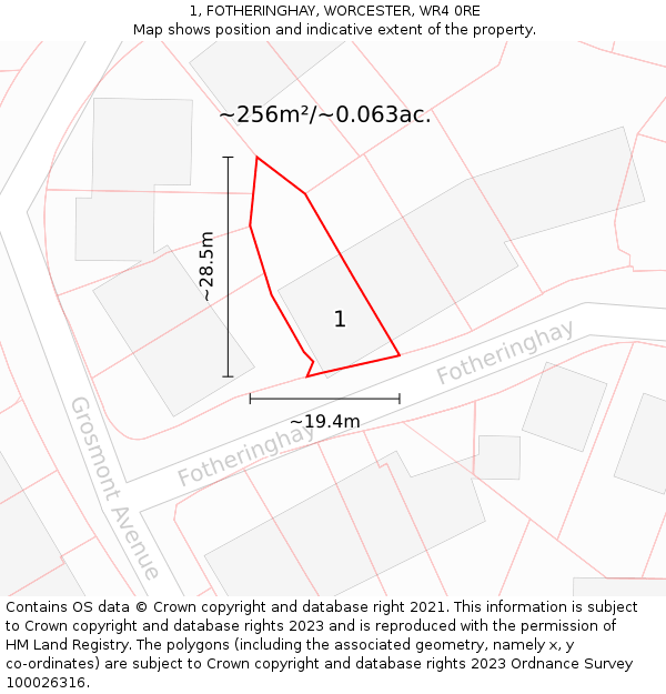 1, FOTHERINGHAY, WORCESTER, WR4 0RE: Plot and title map
