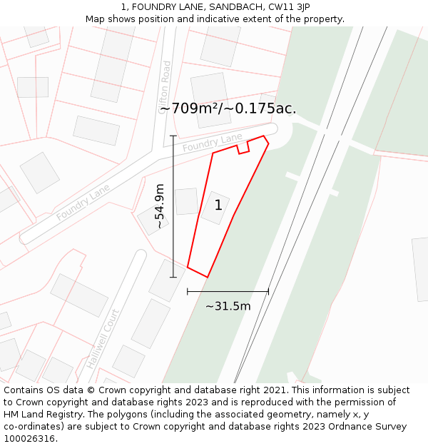 1, FOUNDRY LANE, SANDBACH, CW11 3JP: Plot and title map