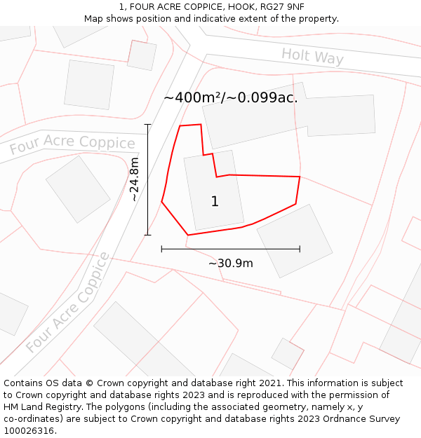 1, FOUR ACRE COPPICE, HOOK, RG27 9NF: Plot and title map