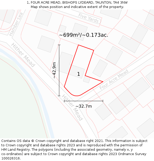 1, FOUR ACRE MEAD, BISHOPS LYDEARD, TAUNTON, TA4 3NW: Plot and title map
