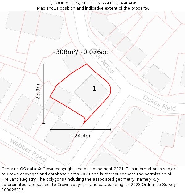 1, FOUR ACRES, SHEPTON MALLET, BA4 4DN: Plot and title map