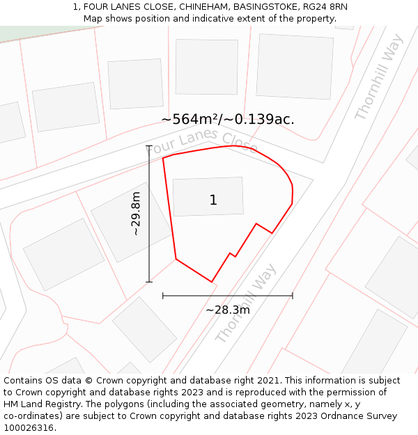 1, FOUR LANES CLOSE, CHINEHAM, BASINGSTOKE, RG24 8RN: Plot and title map