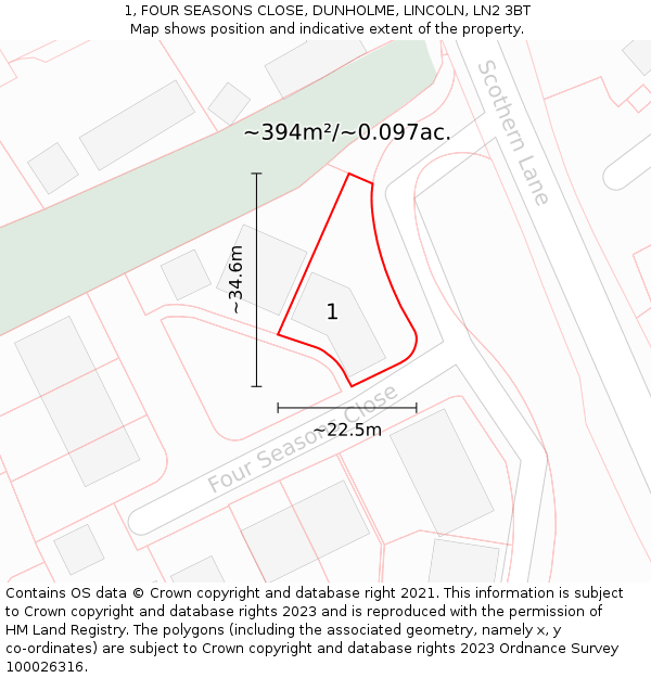 1, FOUR SEASONS CLOSE, DUNHOLME, LINCOLN, LN2 3BT: Plot and title map