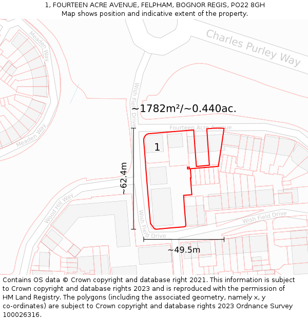 1, FOURTEEN ACRE AVENUE, FELPHAM, BOGNOR REGIS, PO22 8GH: Plot and title map
