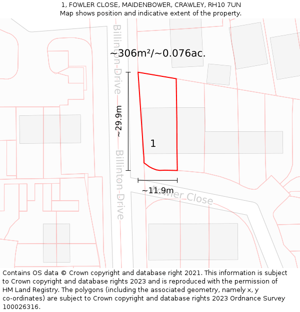1, FOWLER CLOSE, MAIDENBOWER, CRAWLEY, RH10 7UN: Plot and title map