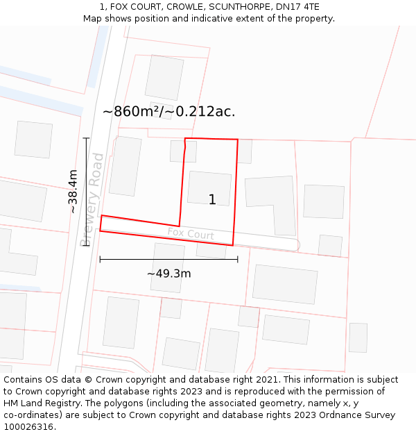 1, FOX COURT, CROWLE, SCUNTHORPE, DN17 4TE: Plot and title map