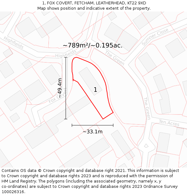1, FOX COVERT, FETCHAM, LEATHERHEAD, KT22 9XD: Plot and title map