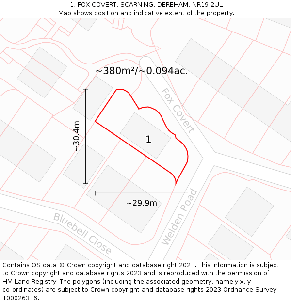 1, FOX COVERT, SCARNING, DEREHAM, NR19 2UL: Plot and title map