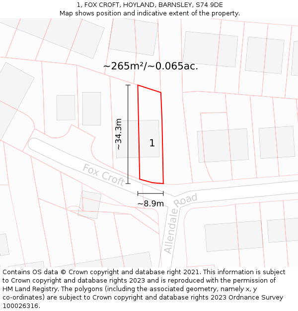 1, FOX CROFT, HOYLAND, BARNSLEY, S74 9DE: Plot and title map