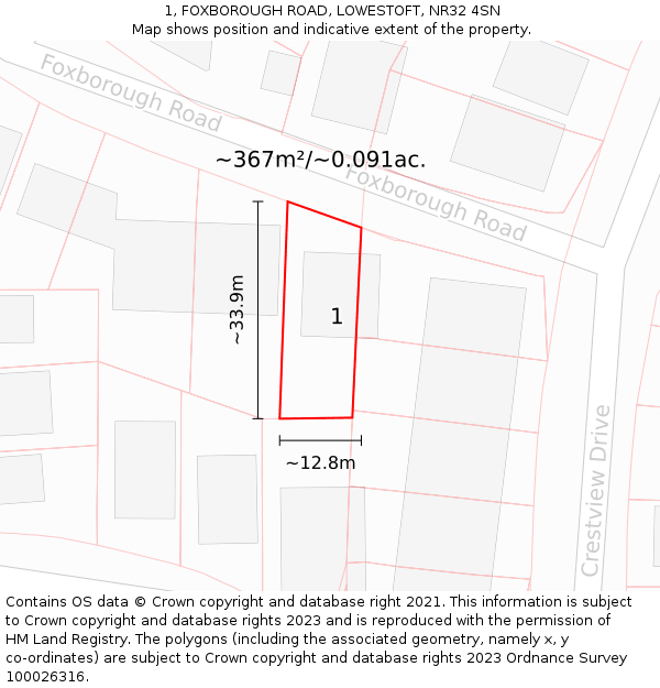 1, FOXBOROUGH ROAD, LOWESTOFT, NR32 4SN: Plot and title map