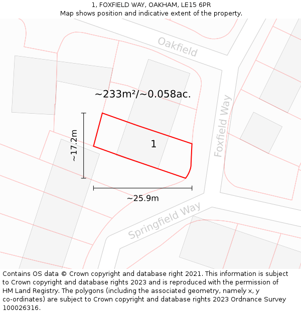 1, FOXFIELD WAY, OAKHAM, LE15 6PR: Plot and title map