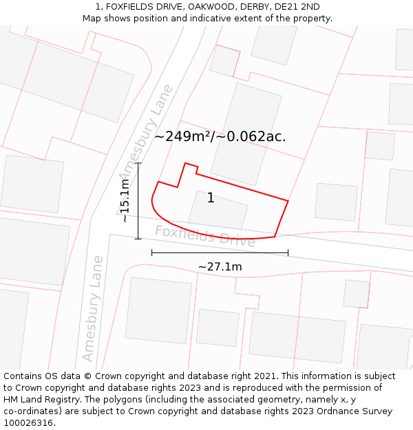 1, FOXFIELDS DRIVE, OAKWOOD, DERBY, DE21 2ND: Plot and title map