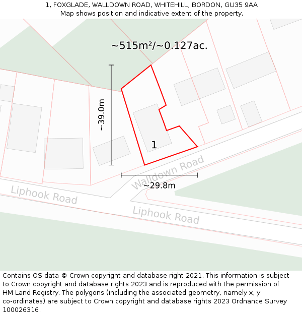 1, FOXGLADE, WALLDOWN ROAD, WHITEHILL, BORDON, GU35 9AA: Plot and title map