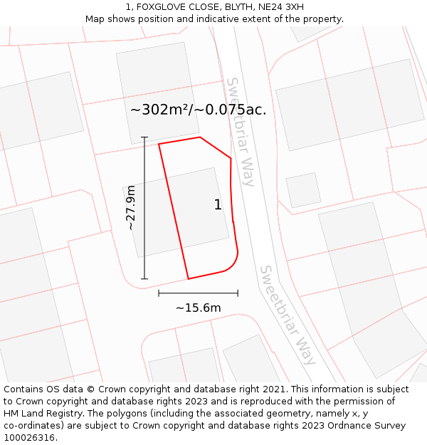 1, FOXGLOVE CLOSE, BLYTH, NE24 3XH: Plot and title map