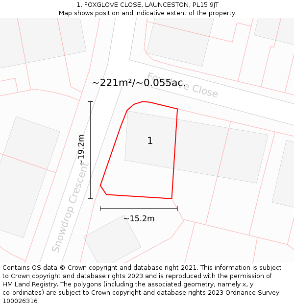 1, FOXGLOVE CLOSE, LAUNCESTON, PL15 9JT: Plot and title map