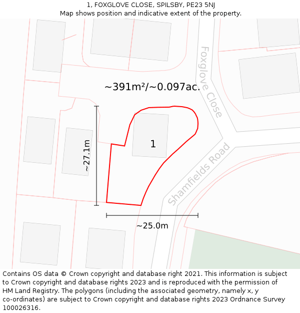 1, FOXGLOVE CLOSE, SPILSBY, PE23 5NJ: Plot and title map