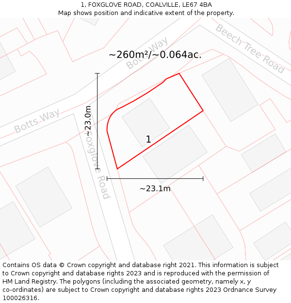 1, FOXGLOVE ROAD, COALVILLE, LE67 4BA: Plot and title map