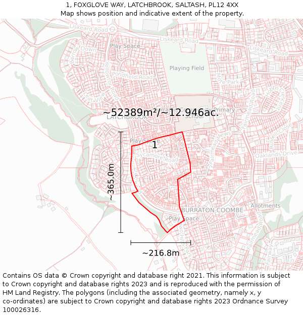 1, FOXGLOVE WAY, LATCHBROOK, SALTASH, PL12 4XX: Plot and title map