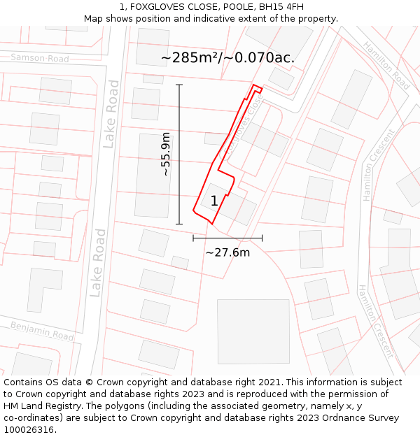 1, FOXGLOVES CLOSE, POOLE, BH15 4FH: Plot and title map
