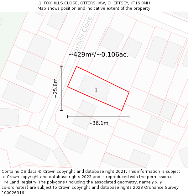 1, FOXHILLS CLOSE, OTTERSHAW, CHERTSEY, KT16 0NH: Plot and title map