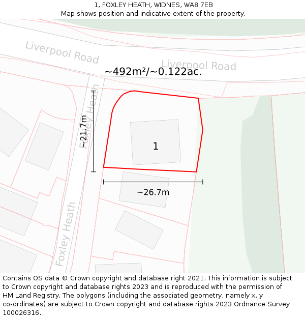 1, FOXLEY HEATH, WIDNES, WA8 7EB: Plot and title map