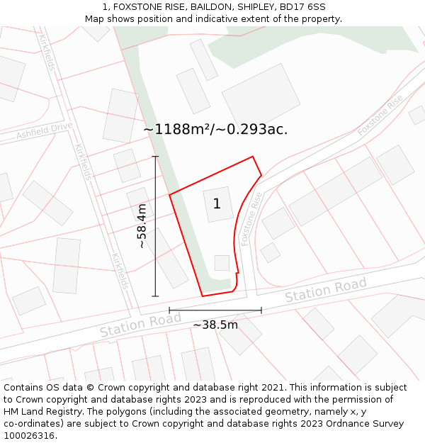 1, FOXSTONE RISE, BAILDON, SHIPLEY, BD17 6SS: Plot and title map