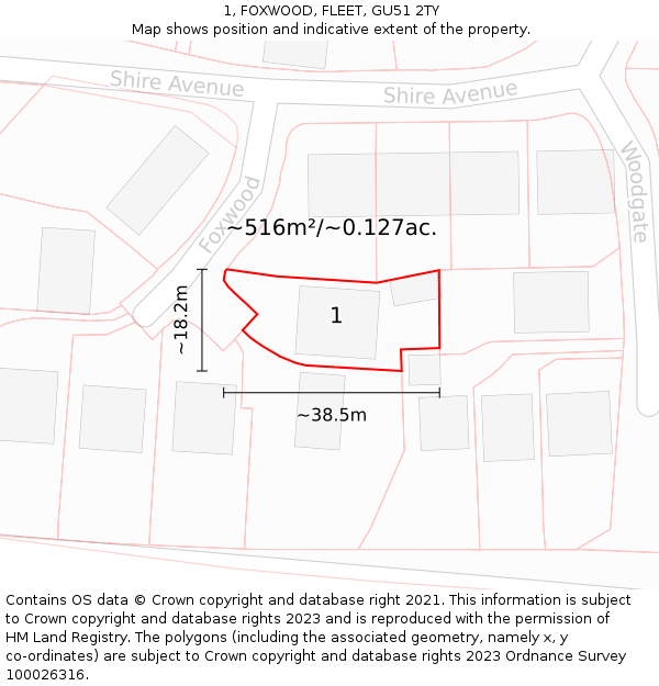 1, FOXWOOD, FLEET, GU51 2TY: Plot and title map