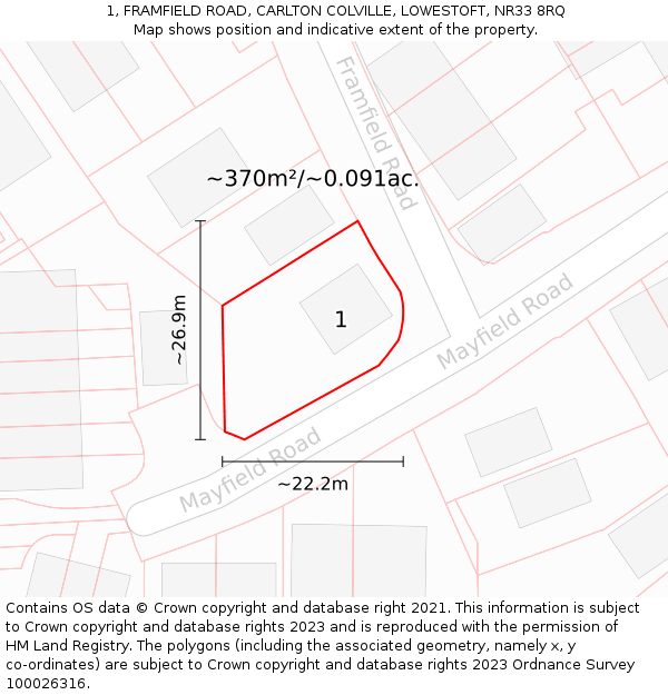 1, FRAMFIELD ROAD, CARLTON COLVILLE, LOWESTOFT, NR33 8RQ: Plot and title map