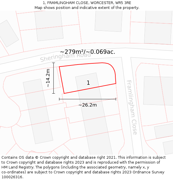 1, FRAMLINGHAM CLOSE, WORCESTER, WR5 3RE: Plot and title map