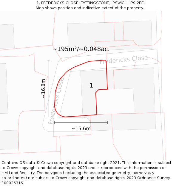 1, FREDERICKS CLOSE, TATTINGSTONE, IPSWICH, IP9 2BF: Plot and title map