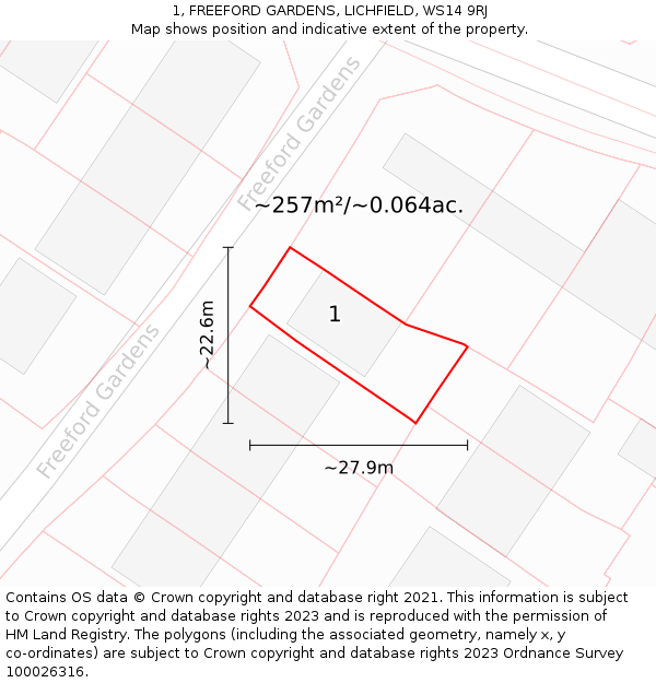 1, FREEFORD GARDENS, LICHFIELD, WS14 9RJ: Plot and title map