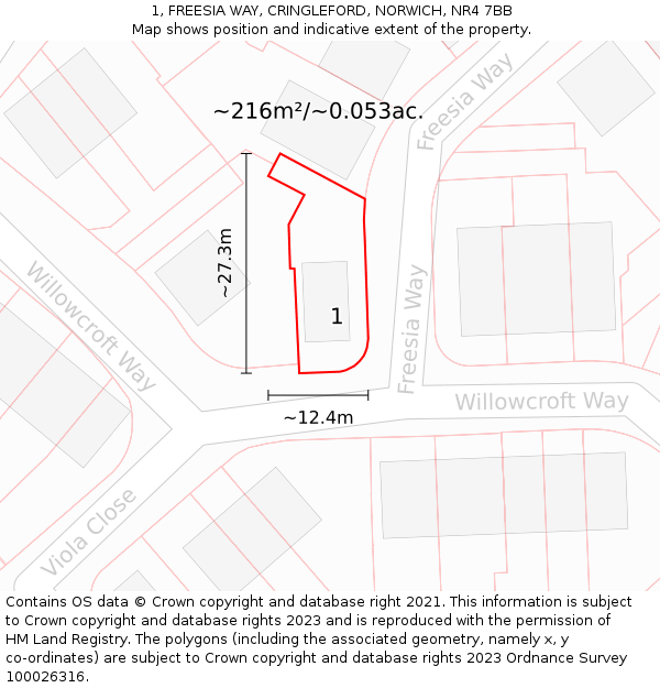 1, FREESIA WAY, CRINGLEFORD, NORWICH, NR4 7BB: Plot and title map