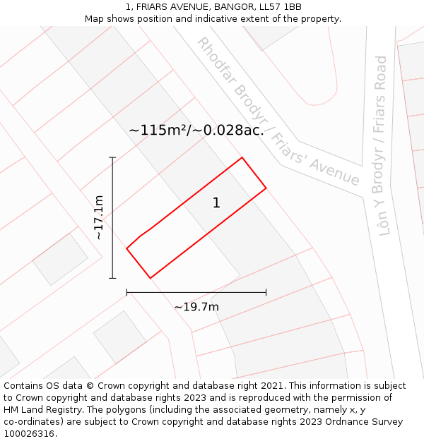 1, FRIARS AVENUE, BANGOR, LL57 1BB: Plot and title map