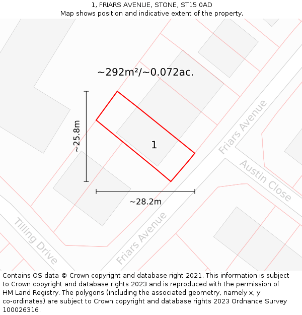 1, FRIARS AVENUE, STONE, ST15 0AD: Plot and title map