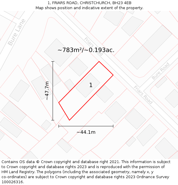 1, FRIARS ROAD, CHRISTCHURCH, BH23 4EB: Plot and title map