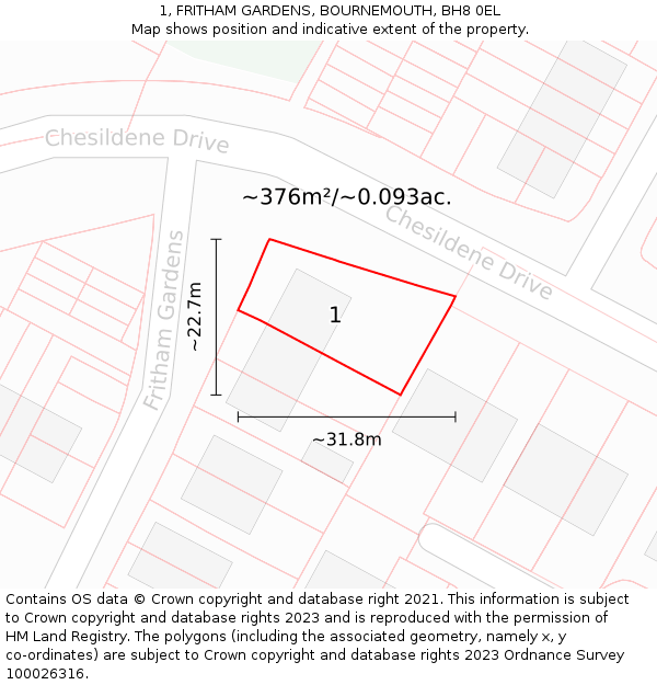 1, FRITHAM GARDENS, BOURNEMOUTH, BH8 0EL: Plot and title map