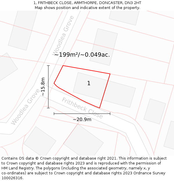 1, FRITHBECK CLOSE, ARMTHORPE, DONCASTER, DN3 2HT: Plot and title map