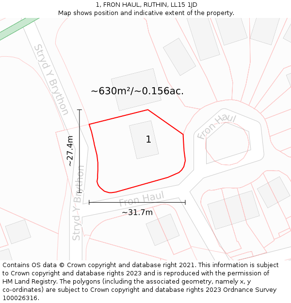 1, FRON HAUL, RUTHIN, LL15 1JD: Plot and title map