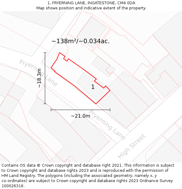 1, FRYERNING LANE, INGATESTONE, CM4 0DA: Plot and title map