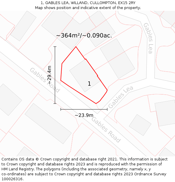 1, GABLES LEA, WILLAND, CULLOMPTON, EX15 2RY: Plot and title map