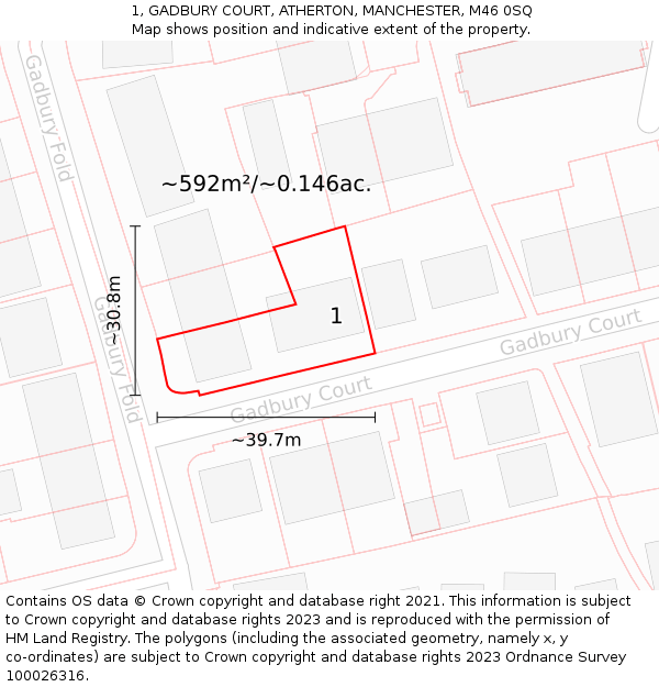 1, GADBURY COURT, ATHERTON, MANCHESTER, M46 0SQ: Plot and title map