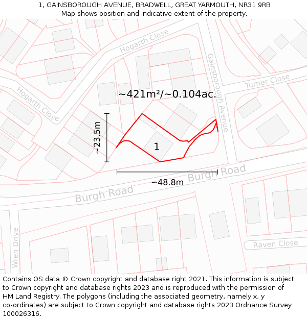 1, GAINSBOROUGH AVENUE, BRADWELL, GREAT YARMOUTH, NR31 9RB: Plot and title map