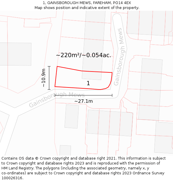 1, GAINSBOROUGH MEWS, FAREHAM, PO14 4EX: Plot and title map