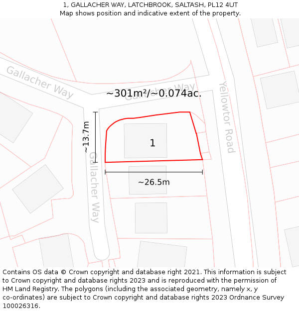1, GALLACHER WAY, LATCHBROOK, SALTASH, PL12 4UT: Plot and title map