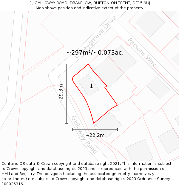 1, GALLOWAY ROAD, DRAKELOW, BURTON-ON-TRENT, DE15 9UJ: Plot and title map