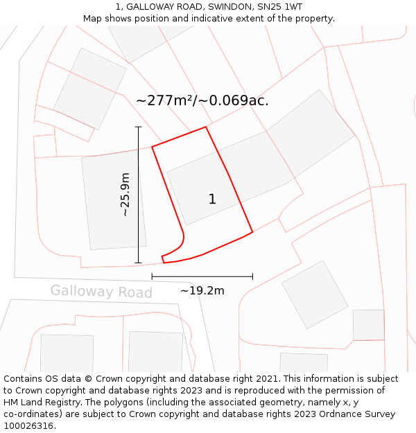 1, GALLOWAY ROAD, SWINDON, SN25 1WT: Plot and title map